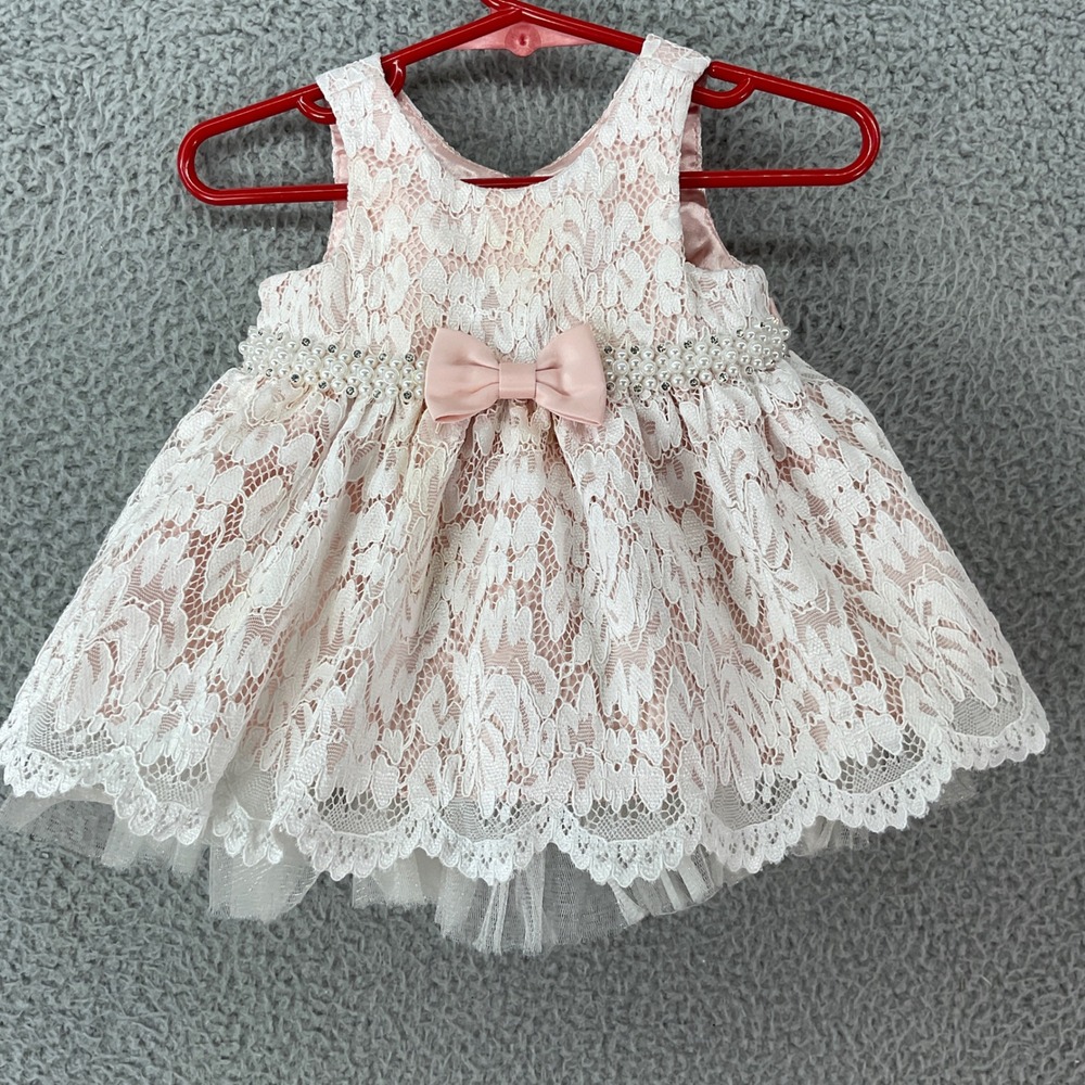 American Princess Lace Dress Baby Girls 6M Pink White Excellent Pearl Bow A07593